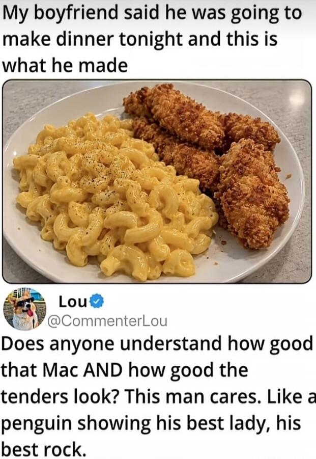 My boyfriend said he was going to make dinner tonight and this is what he made. Lou @CommenterLou Does anyone understand how good that Mac AND how good the tenders look? This man cares. Like a penguin showing his best lady, his best rock.