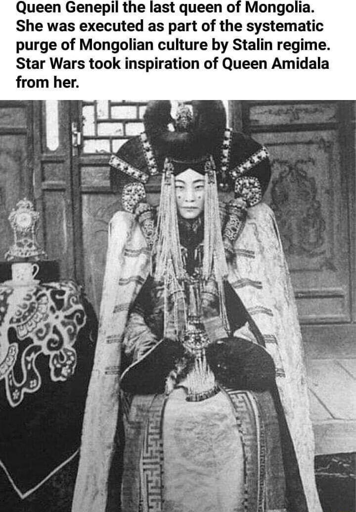 Queen Genepil the last queen of Mong She was executed as part of the systematic purge of Mongolian culture by Stalin regime Star Wars took inspiration of Queen Amidala
