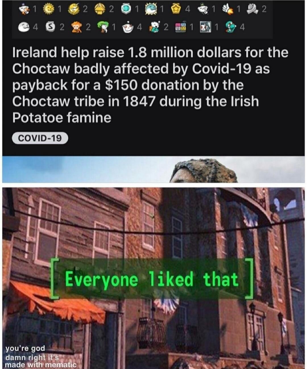 9 60 W oa ERCER S5 AR TN SN AN OB 4 Ireland help raise 18 million dollars for the Choctaw badly affected by Covid 19 as payback for a 150 donation by the T EINVRG RN 2 A T RGN IEICER TN youre god