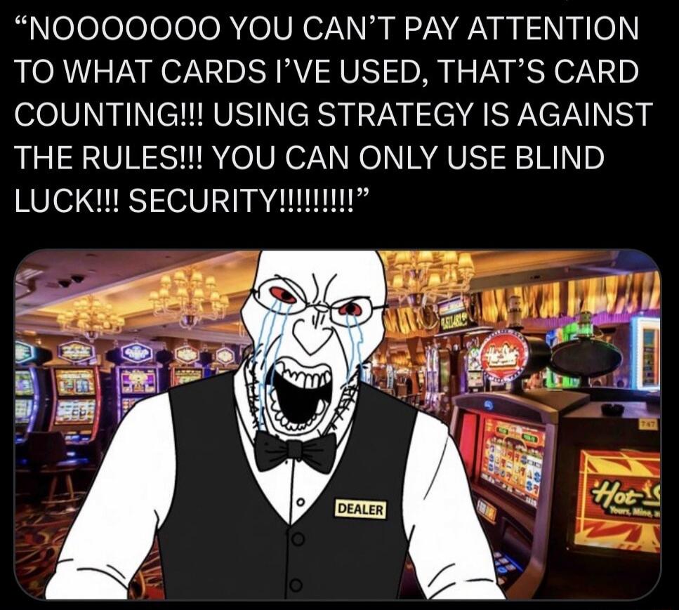 NOOOOOOO YOU CAN'T PAY ATTENTION TO WHAT CARDS I'VE USED, THAT'S CARD COUNTING!!! USING STRATEGY IS AGAINST THE RULES!!! YOU CAN ONLY USE BLIND LUCK!!! SECURITY!!!!!!!!!!