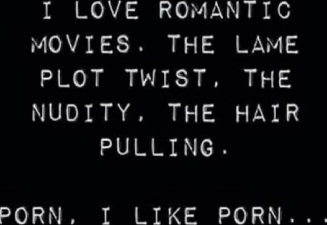 I LOVE ROMANTIC MOVIES. THE LAME PLOT TWIST, THE NUDITY, THE HAIR PULLING. PORN, I LIKE PORN...