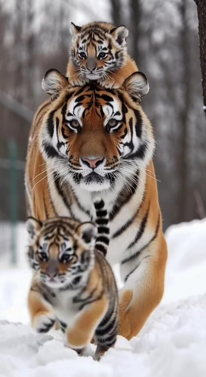 A tiger family in the snow: a mother tiger with two cubs perched on her head and back.