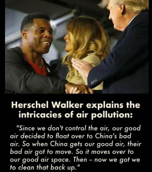 Herschel Walker explains the intricacies of air pollution Since we dont control the air our good air decided to float over to Chinas bad air So when China gets our good air their bad air got fo move So it moves over fo our good air space Then now we got we to clean that back up