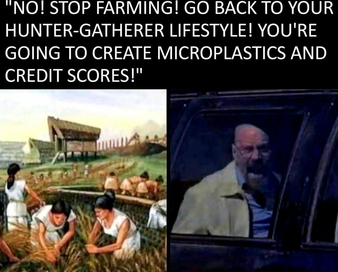 NOSTOP FARMING GO BACK TO YOUR HUNTER GATHERER LIFESTYLE YOURE GOING TO CREATE MICROPLASTICS AND CREDIT SCORES