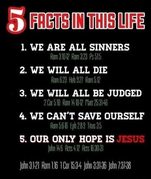 5 FACTS IN THIS LIFE
1. WE ARE ALL SINNERS
Rom 3:10-12 Rom 3:23 Ps 51:5
2. WE WILL ALL DIE
Rom 6:23 Heb 9:27 Rom 5:12
3. WE WILL ALL BE JUDGED
2 Cor 5:10 Rom 14:10-12 Matt 25:31-46
4. WE CAN'T SAVE OURSELVES
Rom 5:6 Eccl 9:28 Titus 3:5
5. OUR ONLY HOPE IS JESUS
John 14:6 Acts 4:12 Acts 16:30-31 John 3:16
