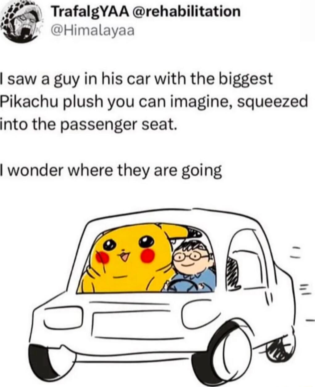 TrafalgYAA rehabilitation Himalayaa saw a guy in his car with the biggest Pikachu plush you can imagine squeezed into the passenger seat wonder where they are going
