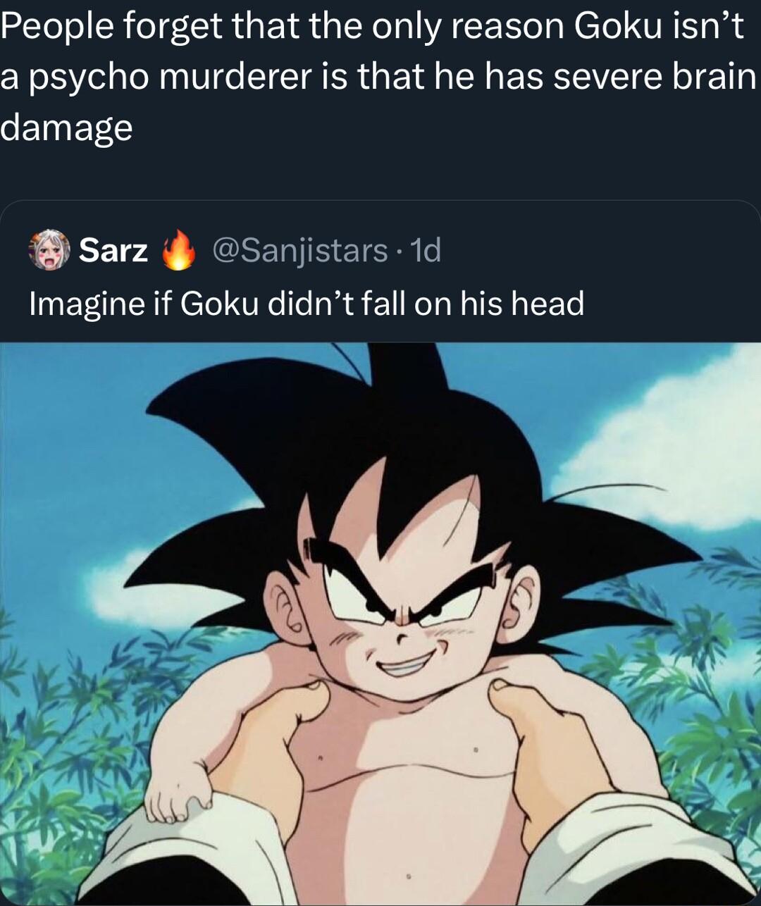 People forget that the only reason Goku isnt a psycho murderer is that he has severe brain damage B sarz C Imagine if Goku didnt fall on his head jistars 1d