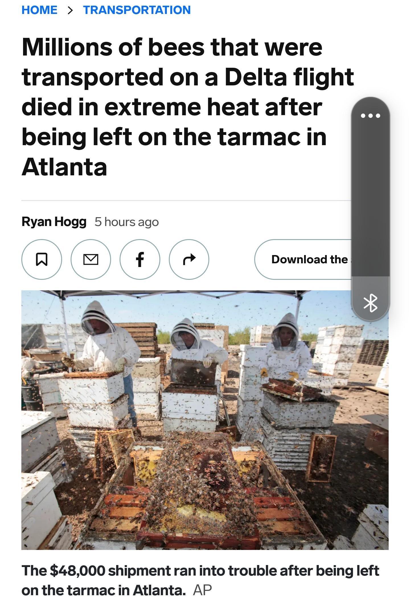 HOME TRANSPORTATION Millions of bees that were transported on a Delta flight died in extreme heat after being left on the tarmac in Atlanta Ryan Hogg 5 hours ago The 48000 shipment ran into trouble after being left on the tarmacin Atlanta AP