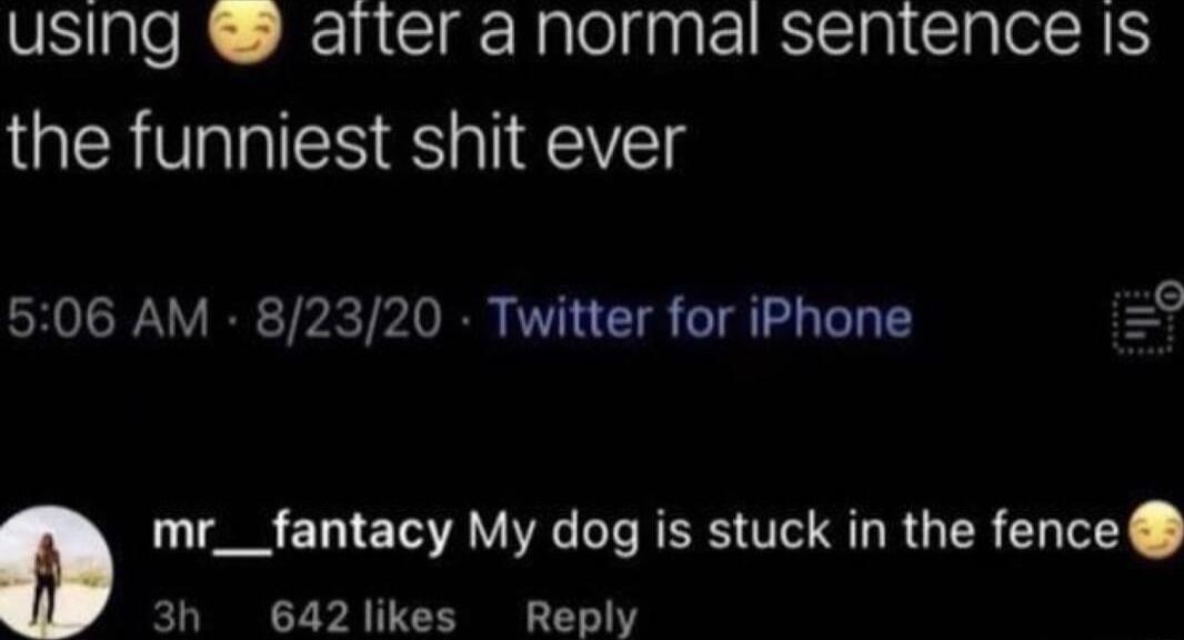 using arter a normal sentence Is the funniest shit ever 506 AM 82320 Twitter for iPhone 9 0 mr__fantacy My dog is stuck in the fence 3h 642likes Reply