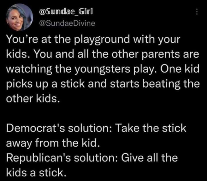 m 1 T e SV T ETIDIVTRT Youre at the playground with your kids You and all the other parents are watching the youngsters play One kid picks up a stick and starts beating the other kids Democrats solution Take the stick away from the kid RETo0 o Ifo Ta KRTo Vae T MU CTI R 1 R dp 1 kids a stick