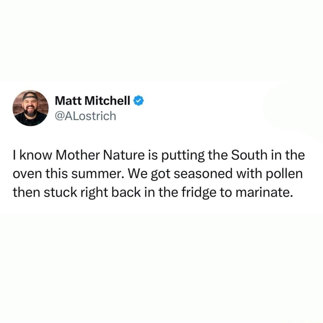 Matt Mitchell ALostrich I know Mother Nature is putting the South in the oven this summer We got seasoned with pollen then stuck right back in the fridge to marinate