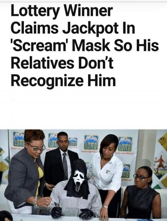 Lottery Winner Claims Jackpot In 'Scream' Mask So His Relatives Don't Recognize Him. A person wearing a Scream mask is signing documents at a lottery event, surrounded by officials.