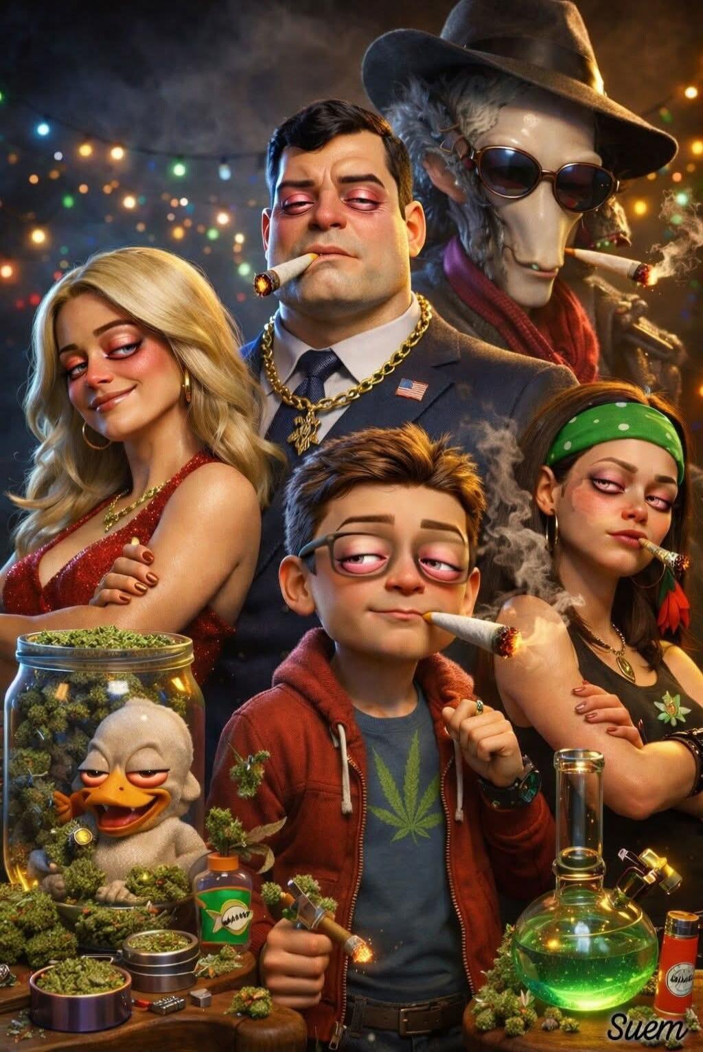 A colorful poster featuring a group of young people and a zombie-like man smoking cigars at a cannabis-themed party. There are jars of marijuana, a green glowing bottle, a bong, and cannabis leaves on the table.