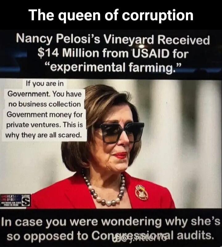 The queen of corruption. Nancy Pelosi's Vineyard Received $14 Million from USAID for 