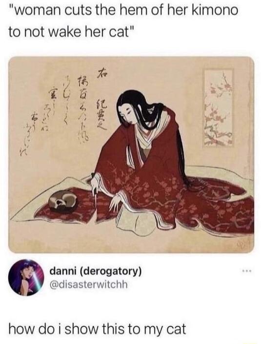 woman cuts the hem of her kimono to not wake her cat danni derogatory disasterwitchh how do i show this to my cat