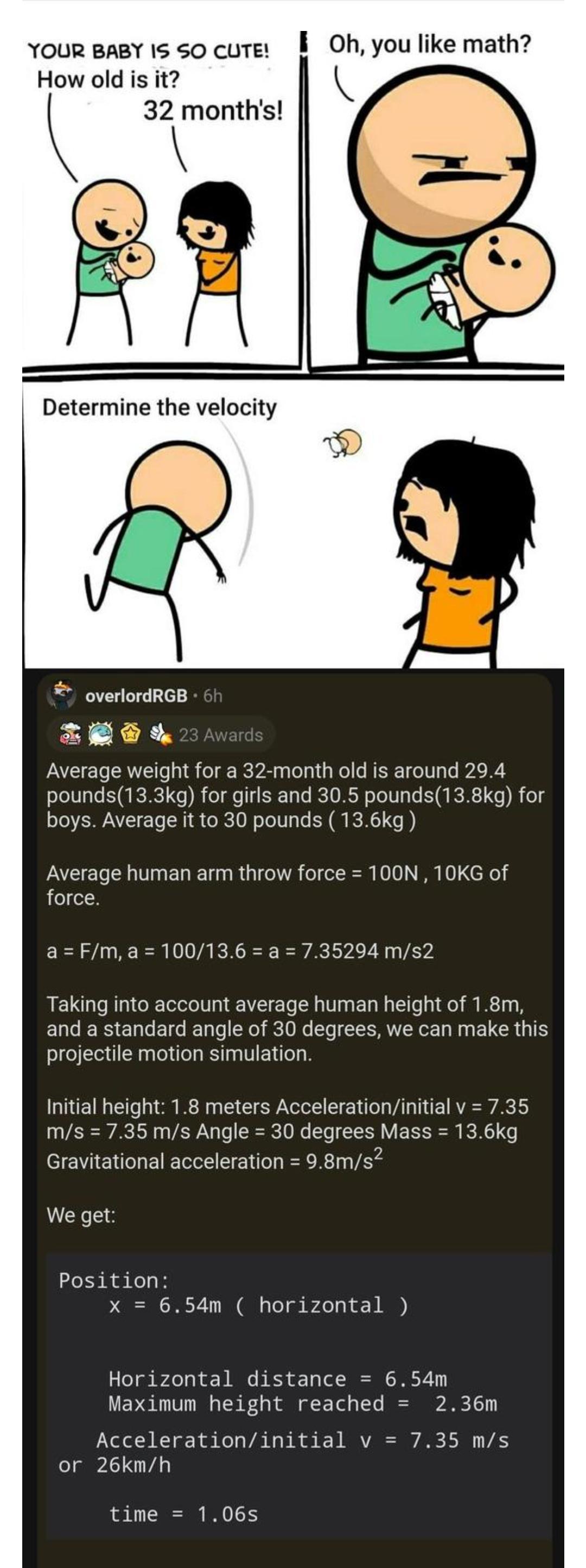 Your BaeY 1s so cuter Oh you like math How old is it 32 months overlordRGB TR Average weight for a 32 month old i around 294 pounds133kg for girls and 305 pounds138kg for boys Average it to 30 pounds 136kg Average human arm throw force 100N 10KG of force aFma100136 a735294 ms2 Taking into account average human height of 18m and a standard angle of 30 degrees we can make this projectile motion simu