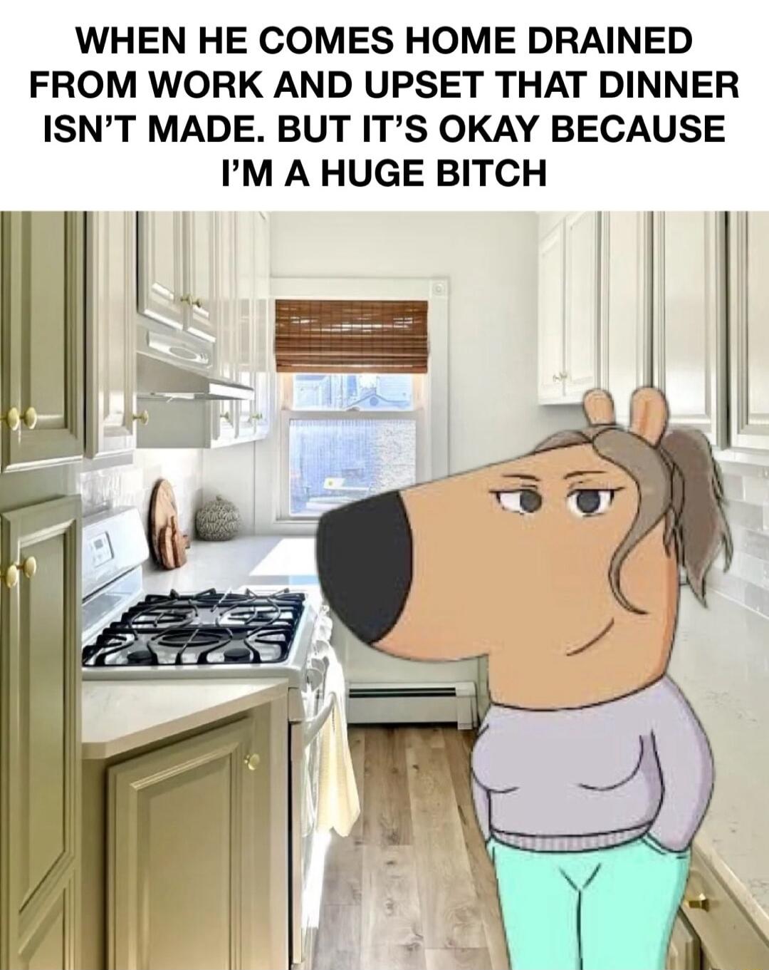 WHEN HE COMES HOME DRAINED FROM WORK AND UPSET THAT DINNER ISNT MADE BUT ITS OKAY BECAUSE IM A HUGE BITCH