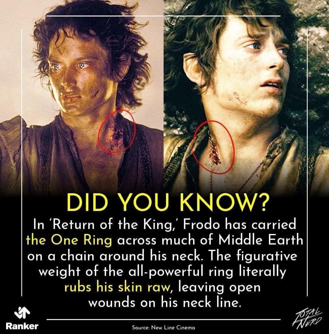 e 7 DID YOU KNOW In Return of the King Frodo has carried the One Ring across much of Middle Earth on a chain around his neck The figurative weight of the all powerful ring literally rubs his skin raw leaving open wounds on his neck line 7 i