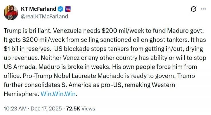 Trump is brilliant. Venezuela needs $200 mil/week to fund Maduro govt. It gets $200 mil/week from selling sanctioned oil on great sums. It has $1 bil in reserves. US blockade stops tankers from getting in/out, drying up revenues. Neither Vene z or any other h ability or will to stop US Armada. Maduro is broke in weeks. His own people force him from