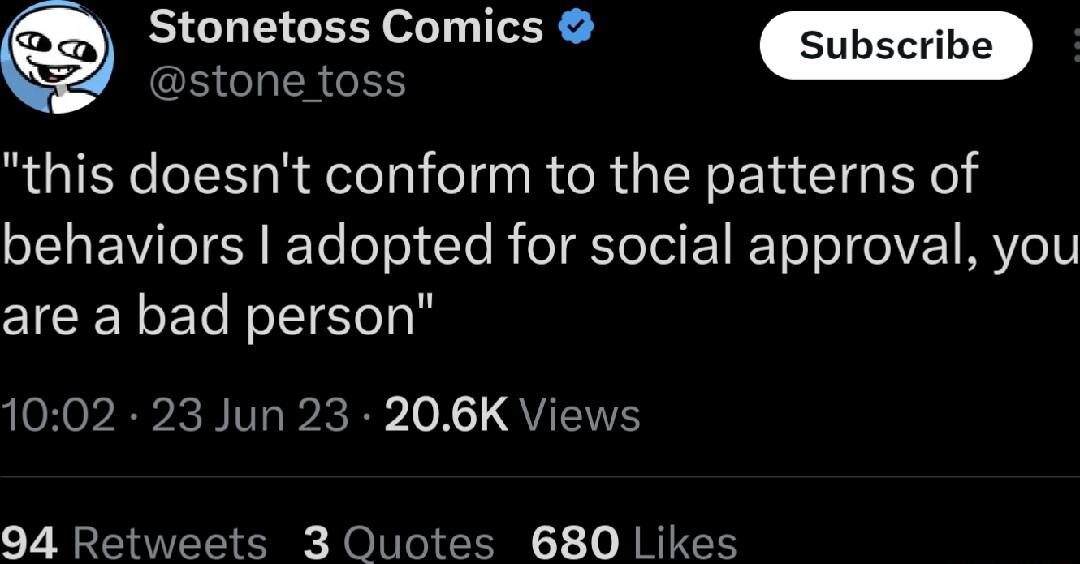 Stonetoss Comics stone toss this doesnt conform to the patterns of S EWITT SR EoTe Tl le R oT Yoo E Kol e el AVIGTV are a bad person 1002 23 Jun 23 206K Views 94 Re ets 3 Quotes 680 Likes