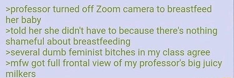 professor turned off Zoom camera to breastfeed her baby told her she didnt have to because theres nothing shameful about breastfeeding several dumb feminist bitches in my class agree mfw got full frontal view of my professors big juicy milkers