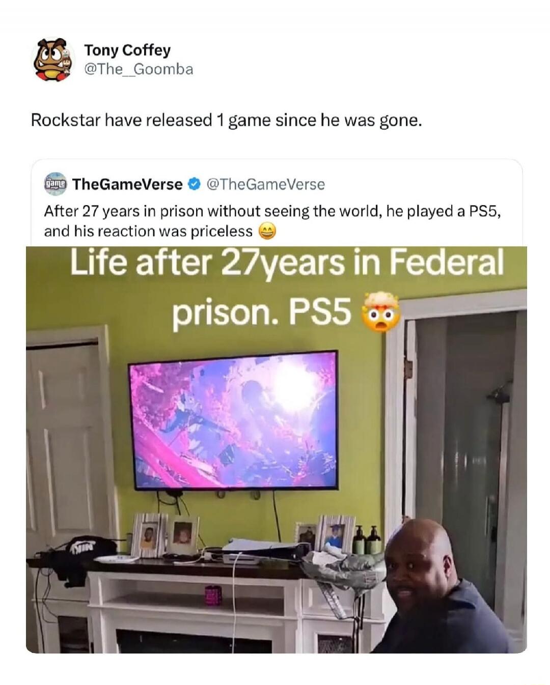 Rockstar have released 1 game since he was gone. After 27 years in prison without seeing the world, he played a PS5, and his reaction was priceless. Life after 27years in Federal prison. PS5