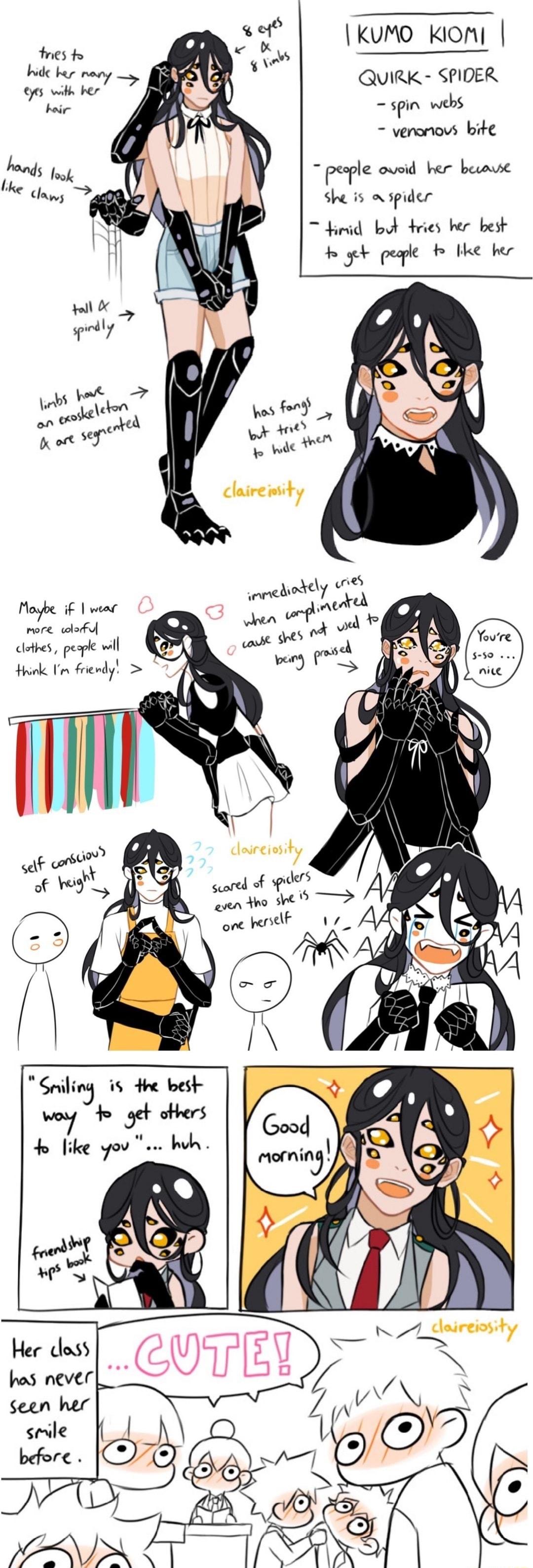 kumo kion QUIRK SPIDER spin webs verorows bite pesple oved ber baaue Sheis spider himid bt tries ber best wear rore o aabes pepe il ke v hud Sraling 15 ke best wosy f others fo like o0 bk SV Her doss X bas never seen her stile before