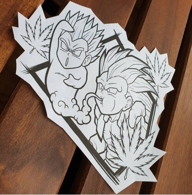 A black-and-white illustration featuring two angry cartoon characters with spiky hair inside a rectangular frame, surrounded by cannabis leaf drawings.
