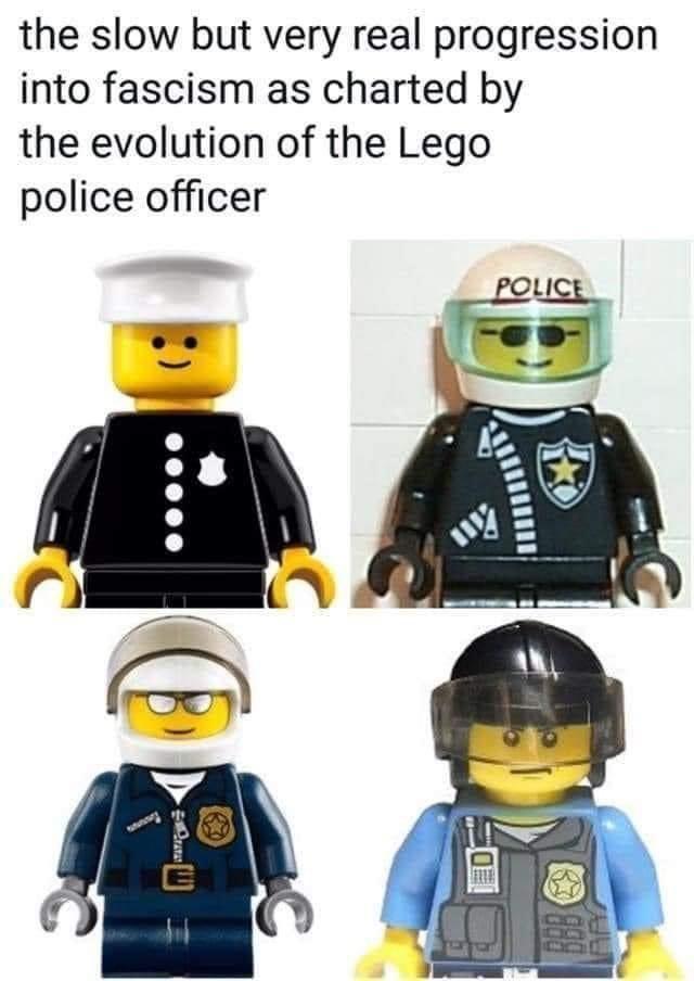 the slow but very real progression into fascism as charted by the evolution of the Lego police officer