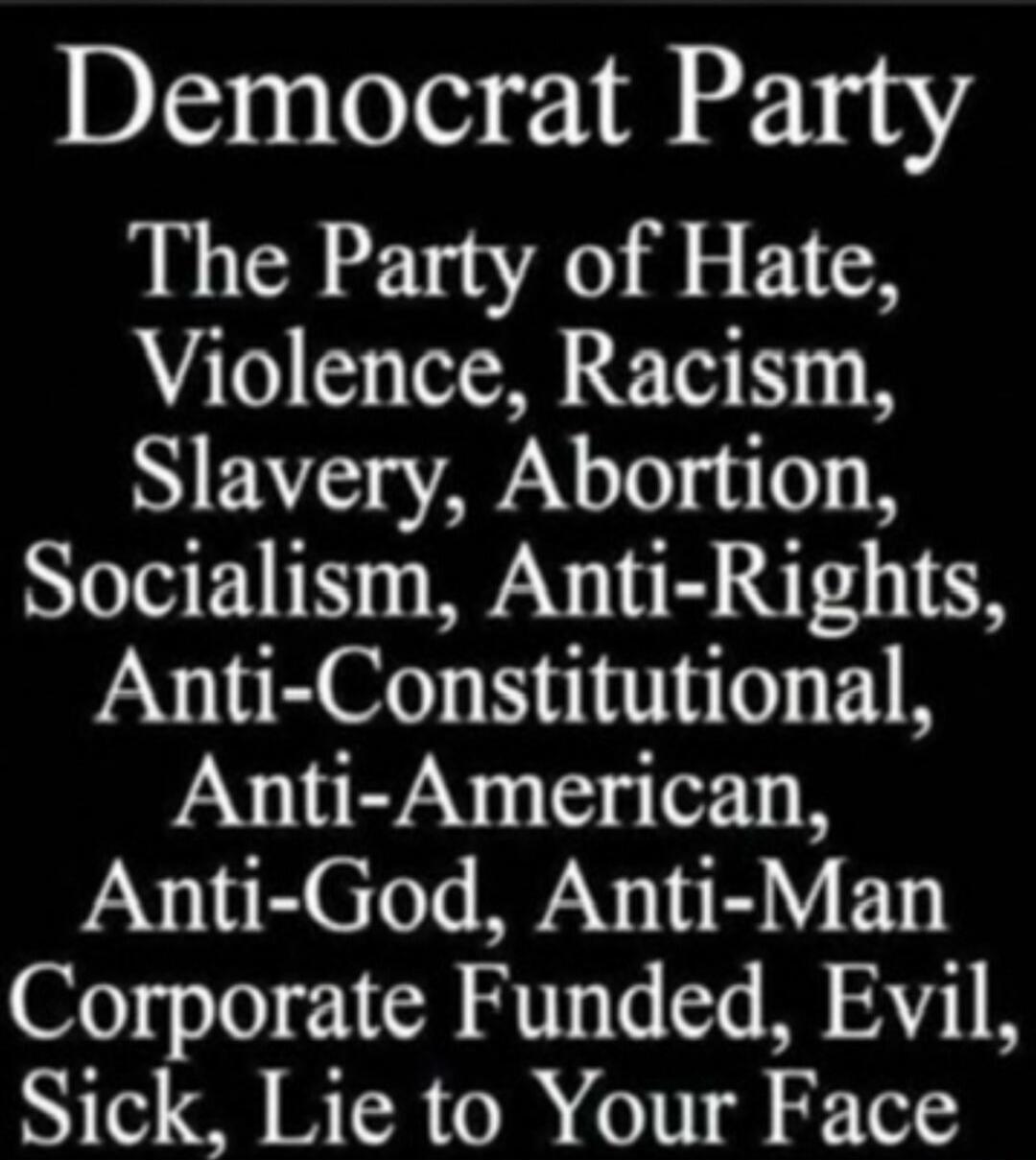 Democrat Party The Party of Hate, Violence, Racism, Slavery, Abortion, Socialism, Anti-Rights, Anti-Constitutional, Anti-American, Anti-God, Anti-Man Corporate Funded, Evil, Sick, Lie to Your Face