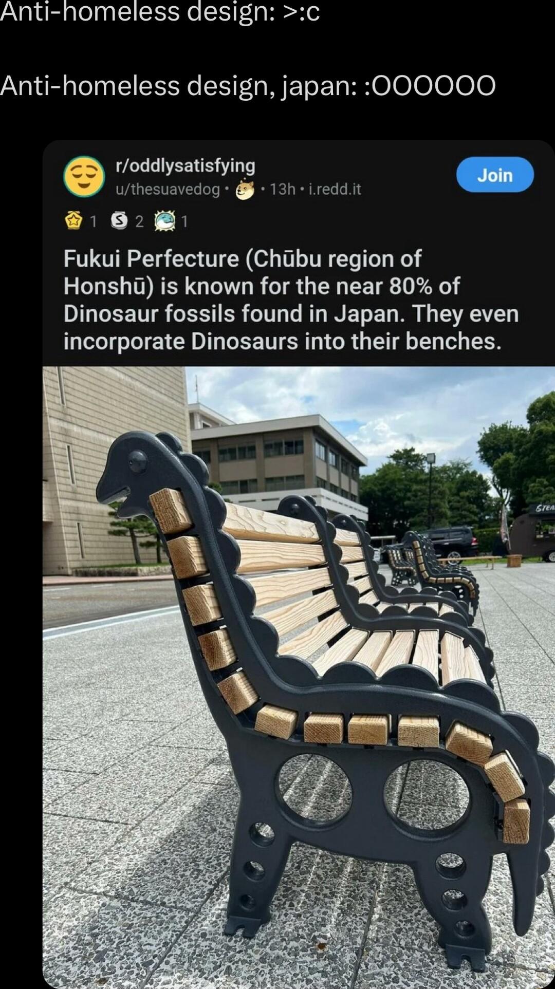 Anti homeless design c A BT SRR T WETET B0 Jol60le0 toddlysatisfying 1828 Fukui Perfecture Chiibu region of Honshi is known for the near 80 of Dinosaur fossils found in Japan They even incorporate Dinosaurs into their benches