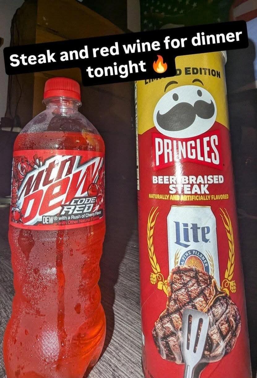 Steak and red wine for dinner tonight 🔥 Mtn Dew Code Red Pringles Beer Braised Steak Lite Edition