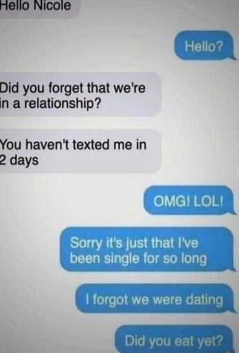 Hello Nicole
Hello?
Did you forget that we're in a relationship?
You haven't texted me in 2 days
OMG! LOL!
Sorry it's just that I've been single for so long
I forgot we were dating
Did you eat yet?