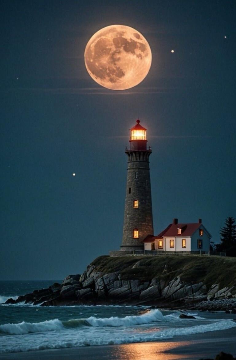 A lighthouse on a rocky coast at night with a large full moon in the sky.