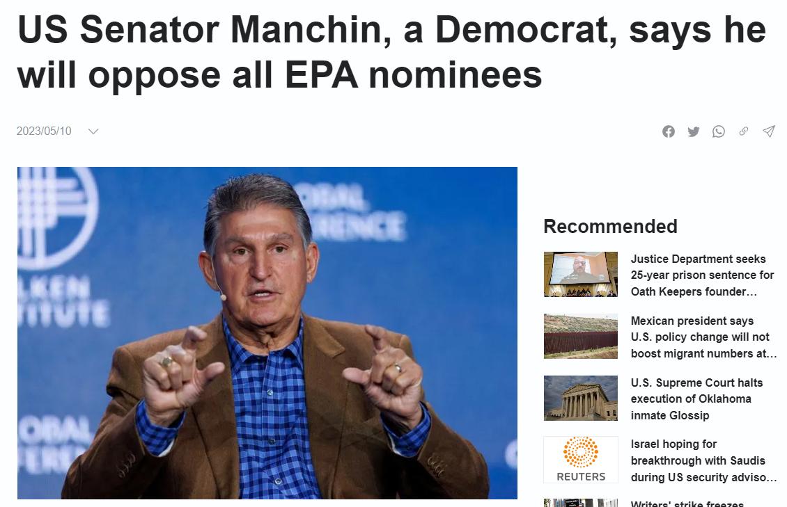 US Senator Manchin a Democrat says he will oppose all EPA nominees Recommended