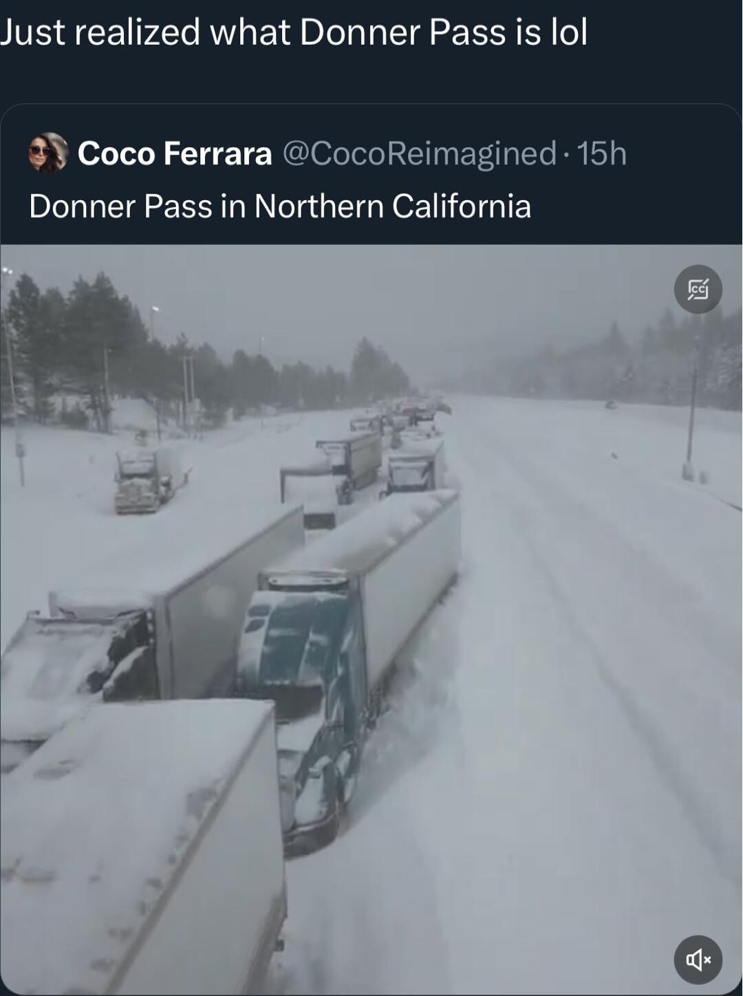 ust realized what Donner Pass is lol Coco Ferrara CocoReimagined 15h Donner Pass in Northern California