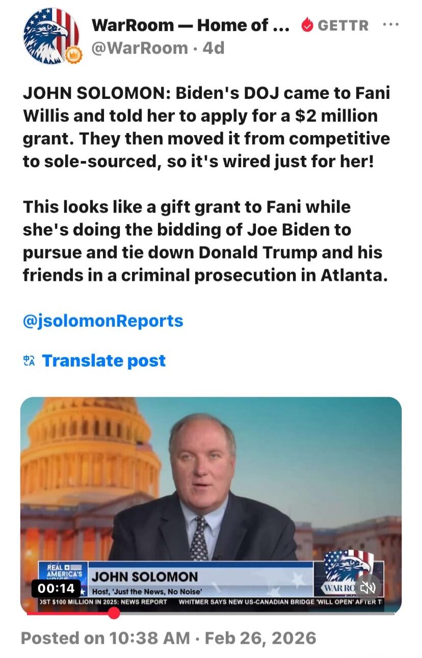 JOHN SOLOMON: Biden's DOJ came to Fani Willis and told her to apply for a $2 million grant. They then moved it from competitive to sole-sourced, so it's wired just for her! This looks like a gift grant to Fani while she's doing the bidding of Joe Biden to pursue and tie down Donald Trump and his friends in a criminal prosecution in Atlanta. @jsolom