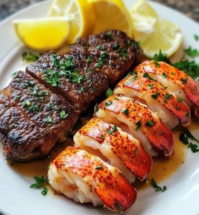A plated dish featuring a grilled steak on the left and sliced lobster tail on the right, topped with herbs and accompanied by lemon wedges.