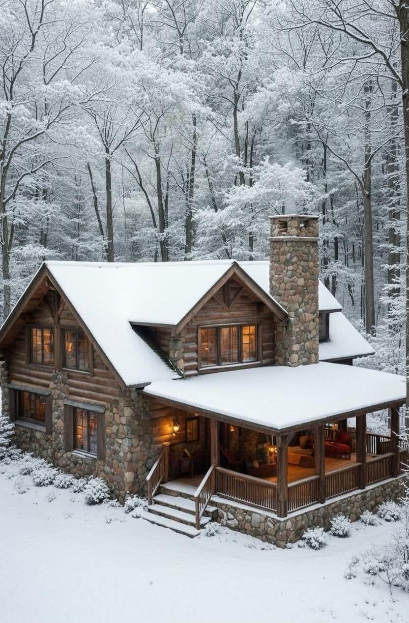 A cozy stone-and-log cabin in a snowy forest.