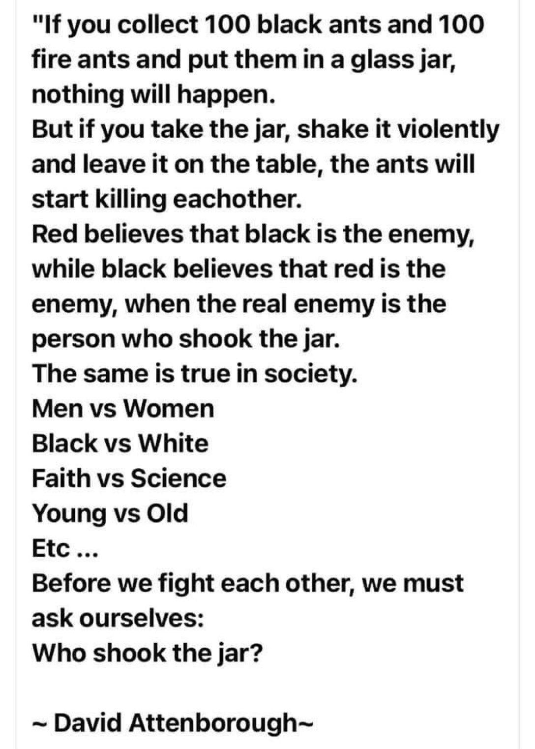 If you collect 100 black ants and 100 fire ants and put them in a glass jar nothing will happen But if you take the jar shake it violently and leave it on the table the ants will start killing eachother Red believes that black is the enemy while black believes that red is the enemy when the real enemy is the person who shook the jar The same is true in society Men vs Women Black vs White Faith vs 