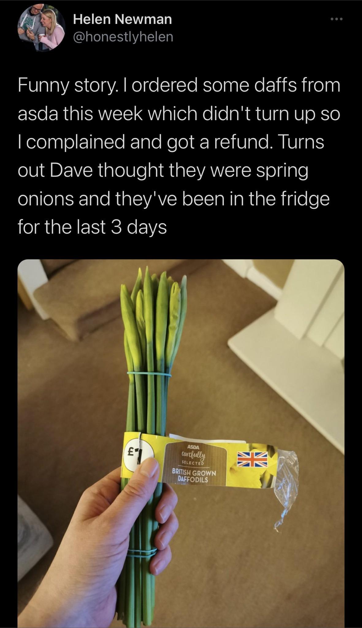 Helen Newman Qlalela WA T Funny story ordered some daffs from e ERGIRAVEIS QW allelaNe e a R V fa RV XS NelolapleEigllo glo ReTol N 1 0o o ANIVIgplS oV DEVRiglelU e a1 MiaSWANEIR olglgle onions and theyve been in the fridge for the last 3 days