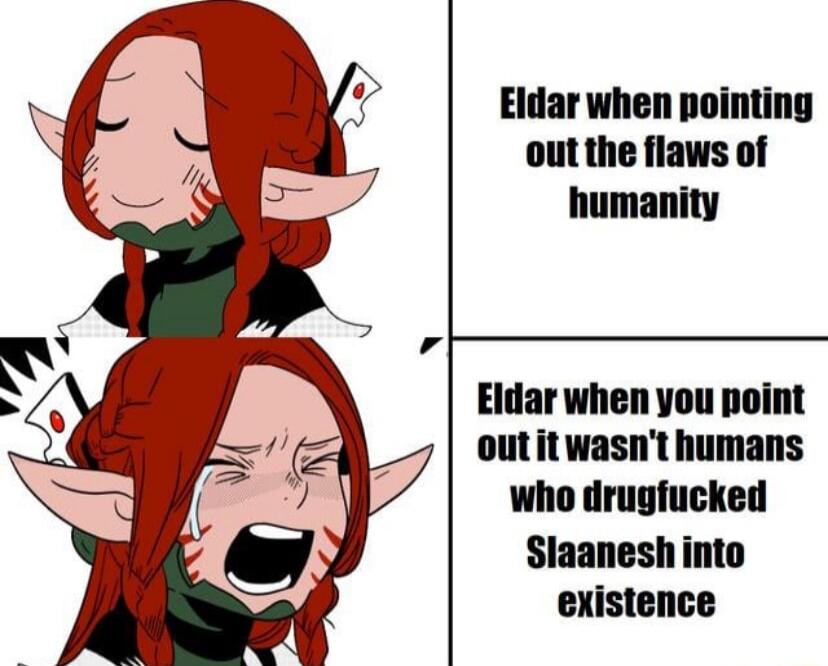 Eldar when pointing out the flaws of humanity Eldar when you point outitwasnt humans who drugfucked Slaaneshinto existence