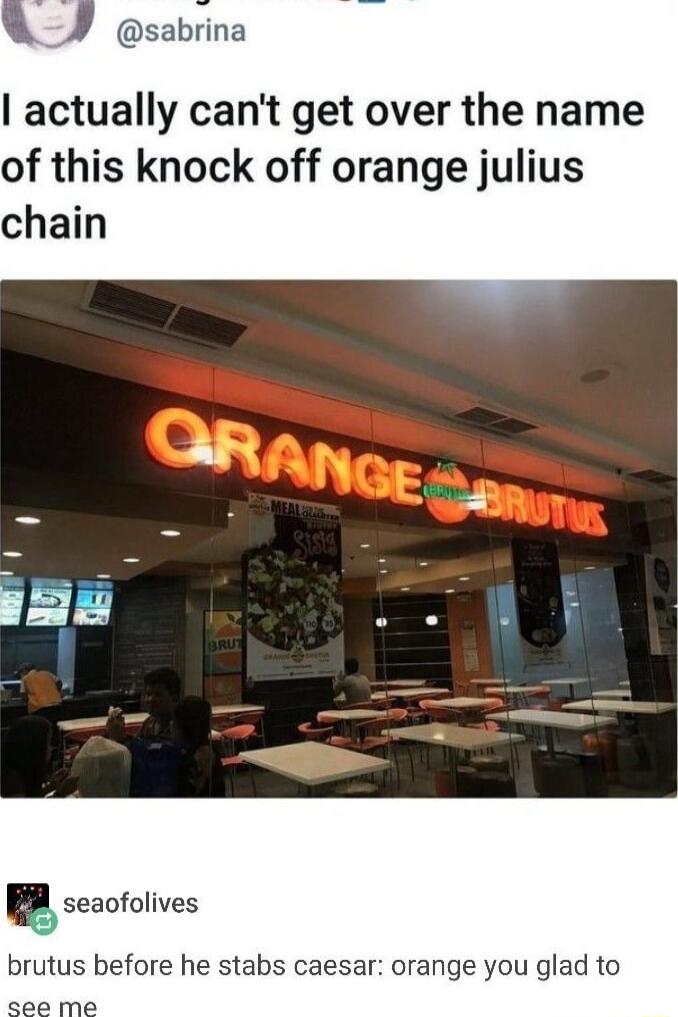 sabrina actually cant get over the name of this knock off orange julius chain