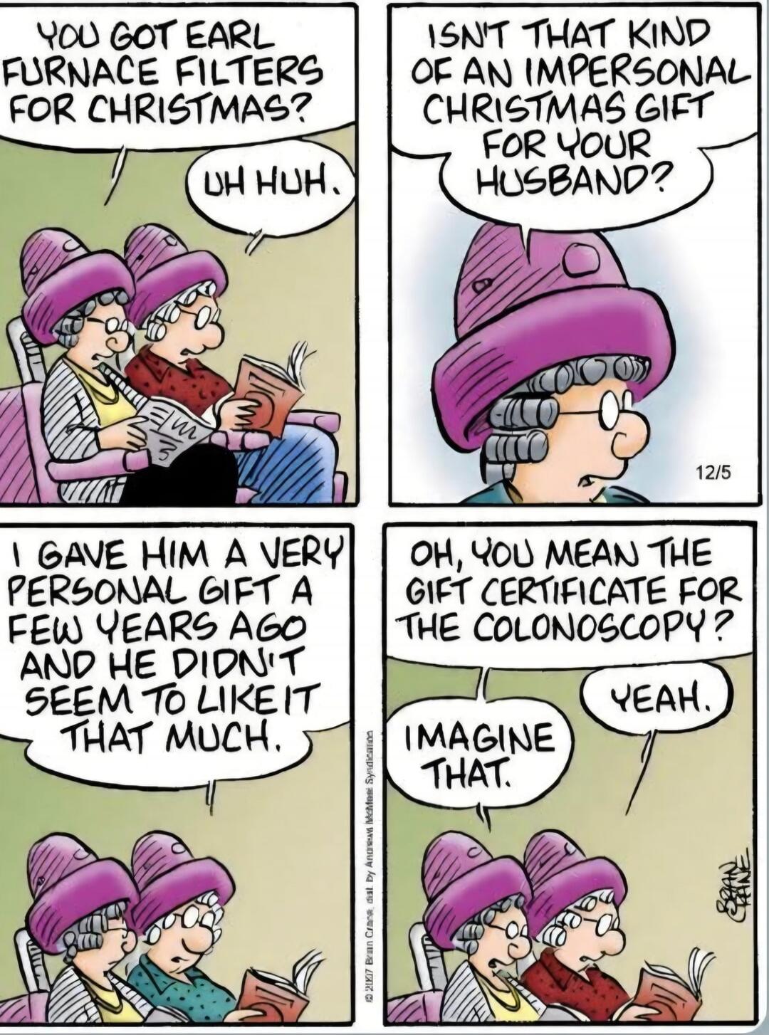 YOU GOT EARL FURNACE FILTERS FOR CHRISTMAS? UH HUH. ISN'T THAT KIND OF AN IMPERSONAL CHRISTMAS GIFT FOR YOUR HUSBAND? I GAVE HIM A VERY PERSONAL GIFT A FEW YEARS AGO AND HE DIDN'T SEEM TO LIKE IT THAT MUCH. OH, YOU MEAN THE GIFT CERTIFICATE FOR THE COLONOSCOPY? YEAH. IMAGINE THAT.