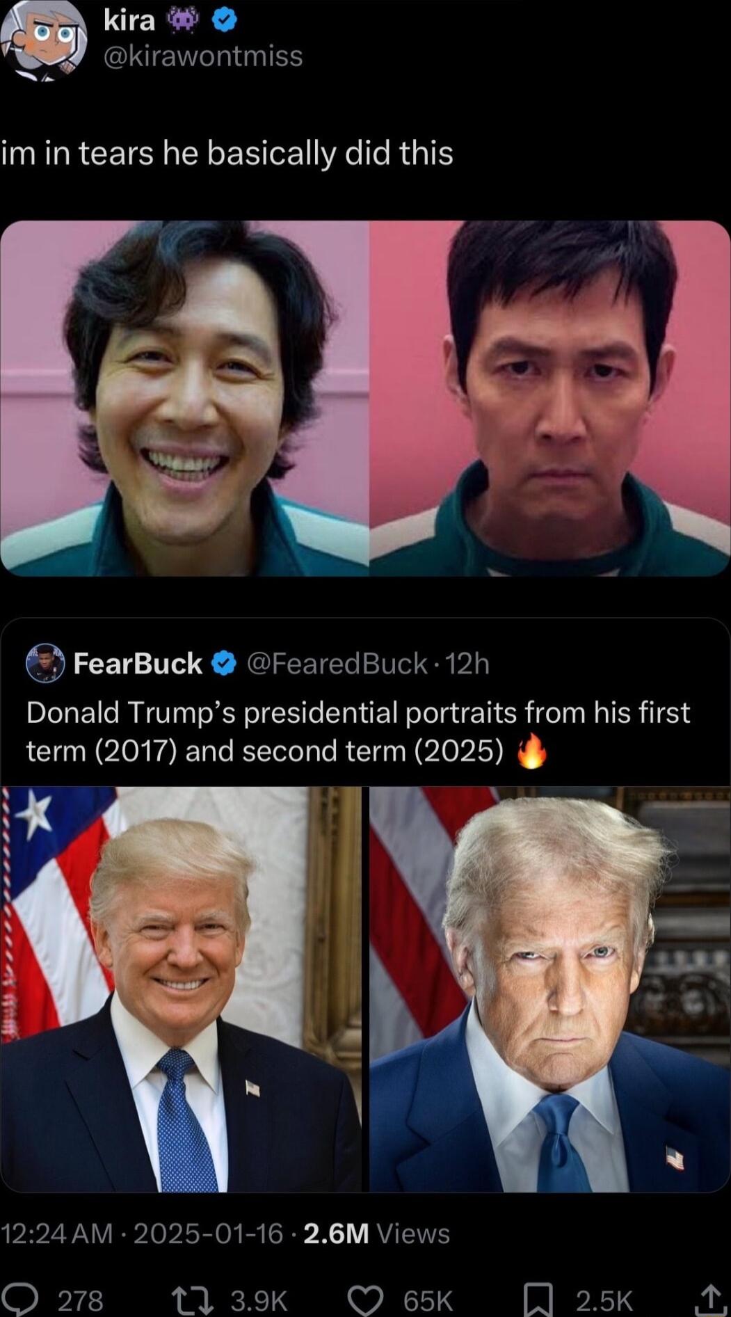 kira kirawontmiss IIRREETC R ERTE IR LTS FearBuck FearedBuck 12h Donald Trumps presidential portraits from his first term 2017 and second term 2025 P x 1224 AM 2025 01 16 26M Views O 278 1139k O 65K Q 25k A