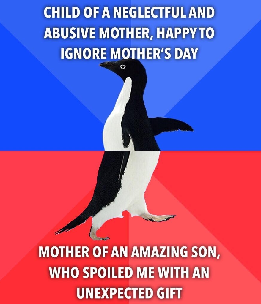 CHILD OF A NEGLECTFULAND ABUSIVE MOTHER HAPPYTO IGNORE MOTHERS DAY MOTHER 0 AN AMAZING SON WHO SPOILED ME WITH AN UNEXPECTED GIFT