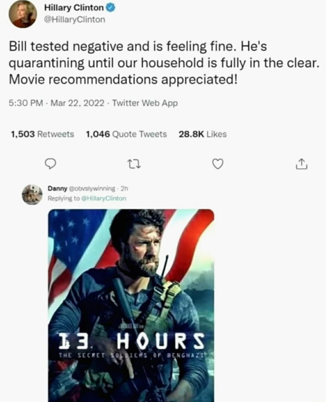 Hillary Clinton Bill tested negative and is feeling fine Hes quarantining until our household is fully in the clear Movie recommendations appreciated 1503 Retweets 1046 Quote T 288K Like J3 HOURS