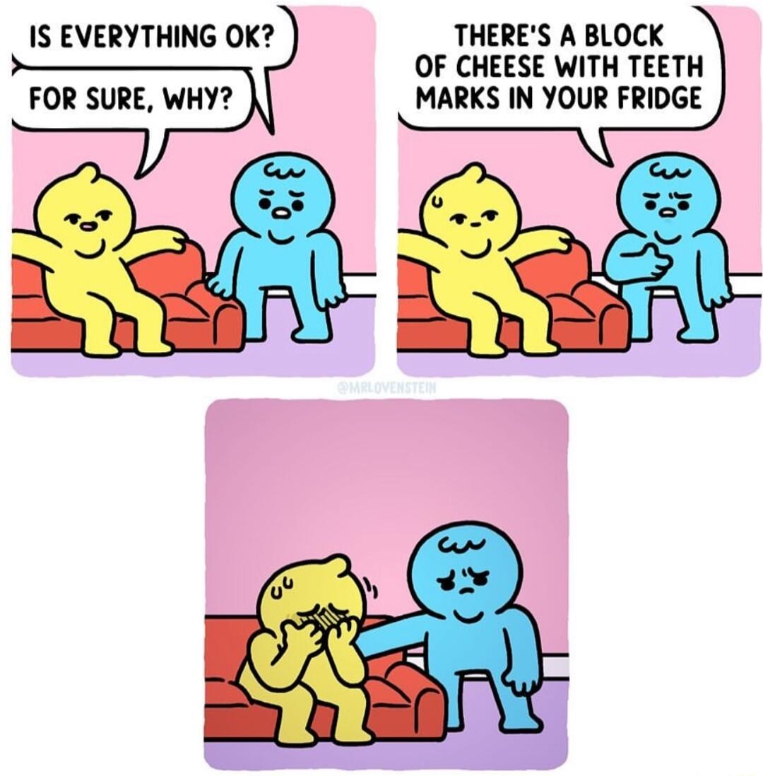 IS EVERYTHING OK THERES A BLOCK OF CHEESE WITH TEETH FOR SURE WHY MARKS IN YOUR FRIDGE et Lail