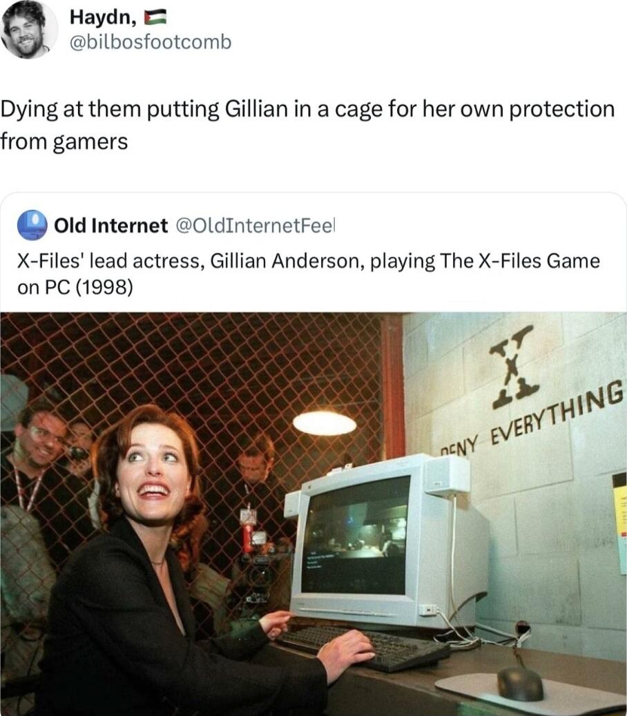 Haydn bilbosfootcomb Dying at them putting Gillian in a cage for her own protection from gamers old Internet OldInternetree X Files lead actress Gillian Anderson playing The X Files Game on PC 1998