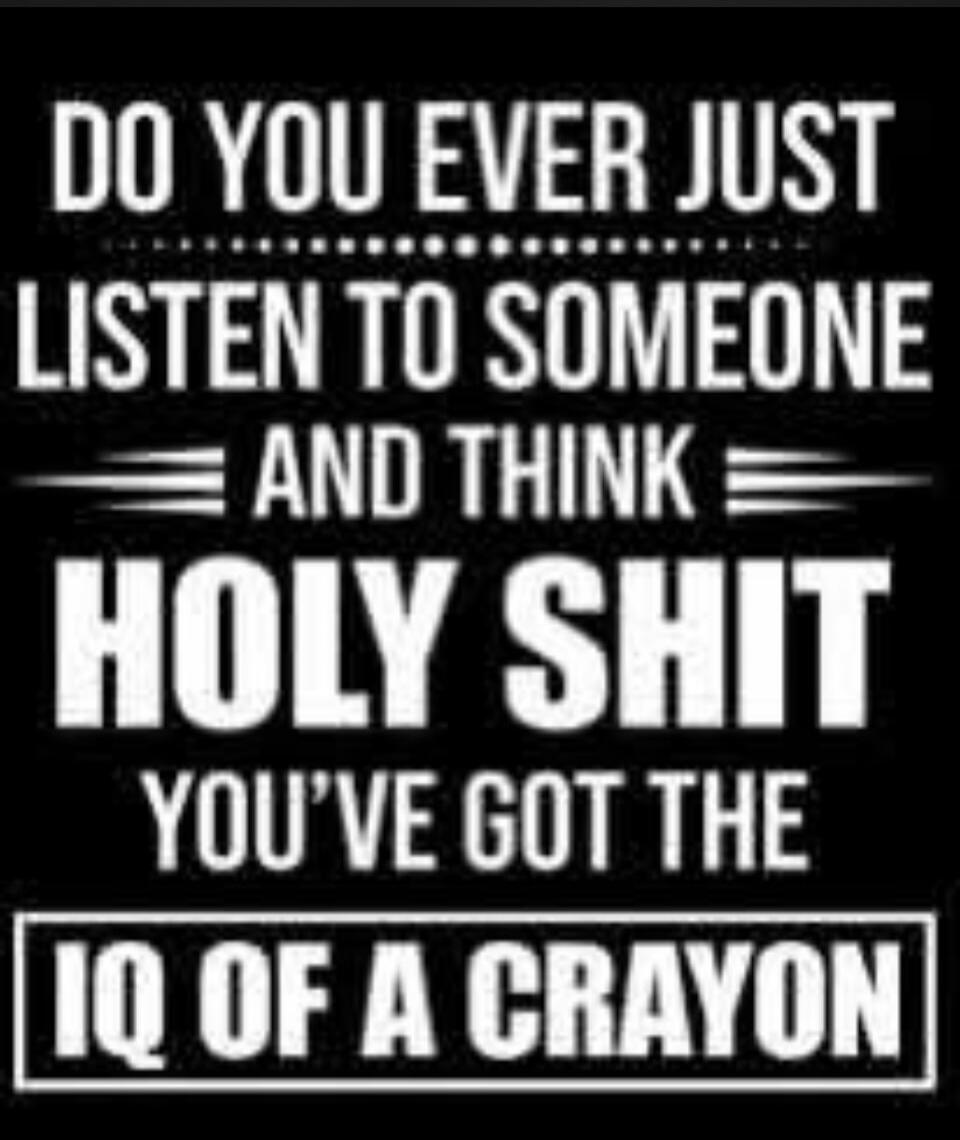 DO YOU EVER JUST LISTEN TO SOMEONE AND THINK HOLY SHIT YOU'VE GOT THE IQ OF A CRAYON